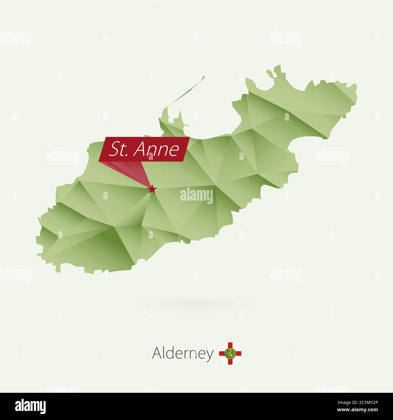 Mappa poly bassa gradiente verde di Alderney con la capitale St. Anne Illustrazione Vettoriale