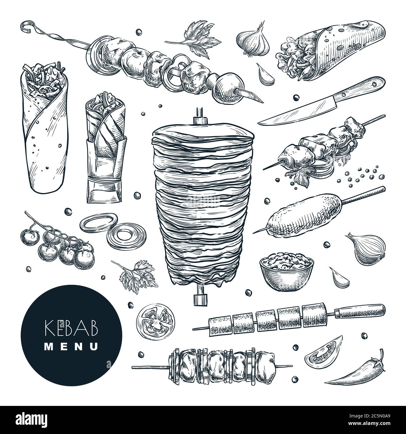 Set kebab per donatore arabo fresco e gustoso. Illustrazione dello schizzo disegnata a mano dal vettore, isolata su sfondo bianco. Carne di manzo, agnello e pollo alla griglia, tur Illustrazione Vettoriale