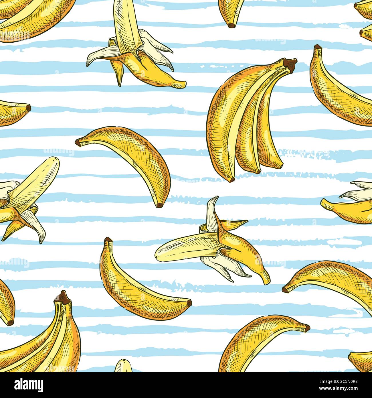 Motivo tropicale senza giunture con banane gialle su sfondo blu bianco acquerello strisce. Illustrazione dello schizzo disegnata a mano dal vettore. Design estivo per fa Illustrazione Vettoriale