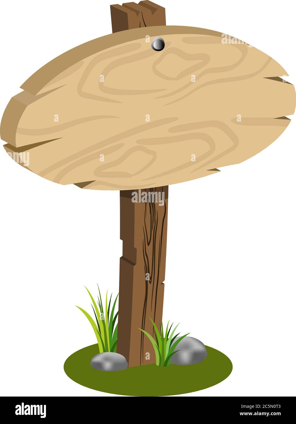 Cartoni animati in legno vettore vuoto cartello ovale isolato su bianco. Puntoni di cartoni animati di vecchio banner bianco albero di legno con erba verde e pietre belle sul Illustrazione Vettoriale