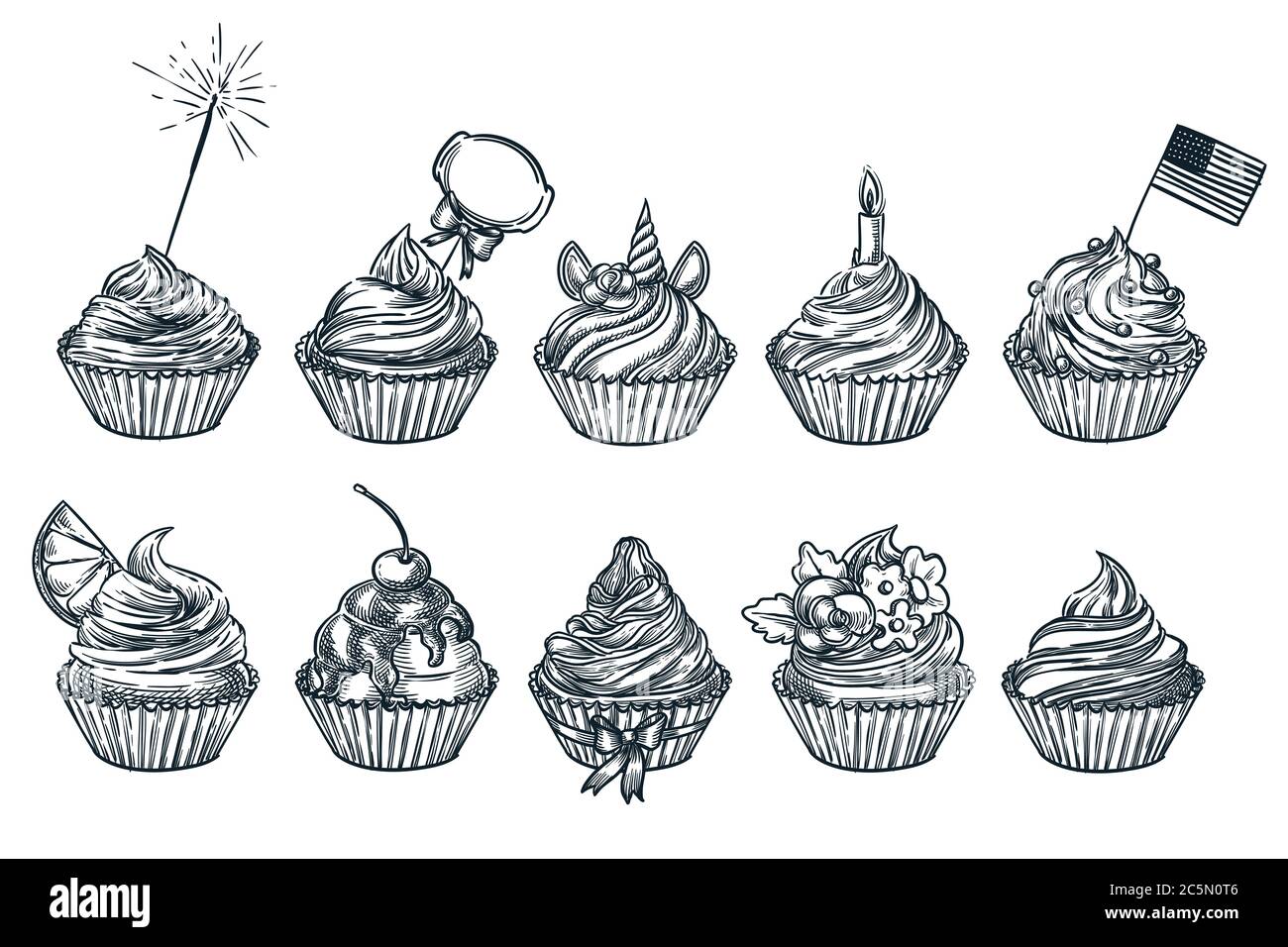 Cupcake, set di dolci muffin, isolato su sfondo bianco. Illustrazione del cibo vettoriale dello schizzo. Dolci party con crema, cioccolato, ciliegia, unicorno, Illustrazione Vettoriale