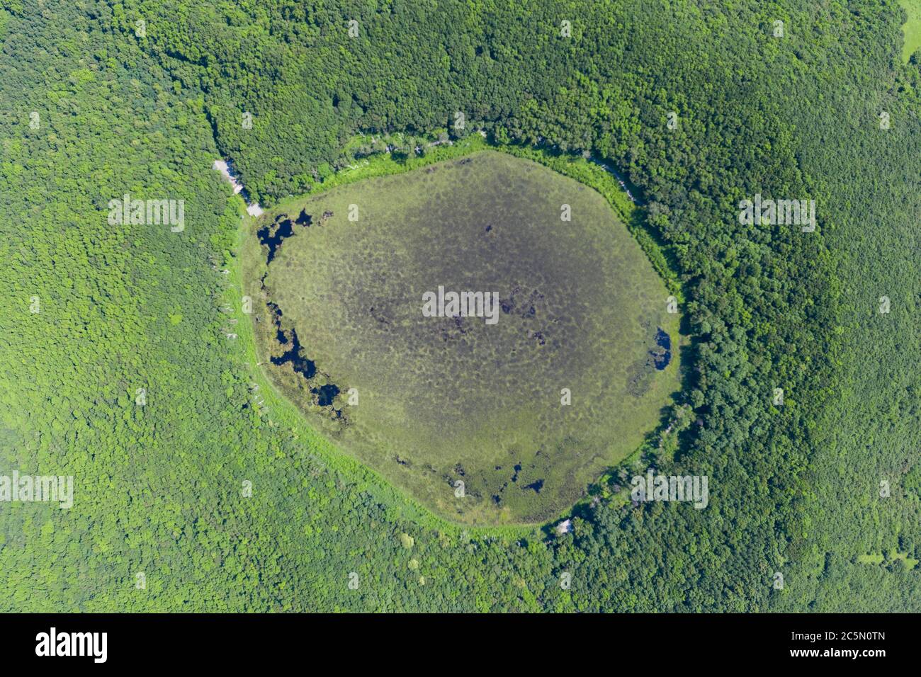 Wudalianchi. 4 luglio 2020. Foto aerea scattata il 4 luglio 2020 mostra lo stagno celeste del Monte Gelaqiu Sud a Heihe, provincia di Heilongjiang della Cina nordorientale. Ad un'altitudine di 596.9 metri sopra il livello del mare, il lago si è formato quando il magma vulcanico ha eruttato oltre 3 milioni di anni fa. Credit: Xie Jianfei/Xinhua/Alamy Live News Foto Stock