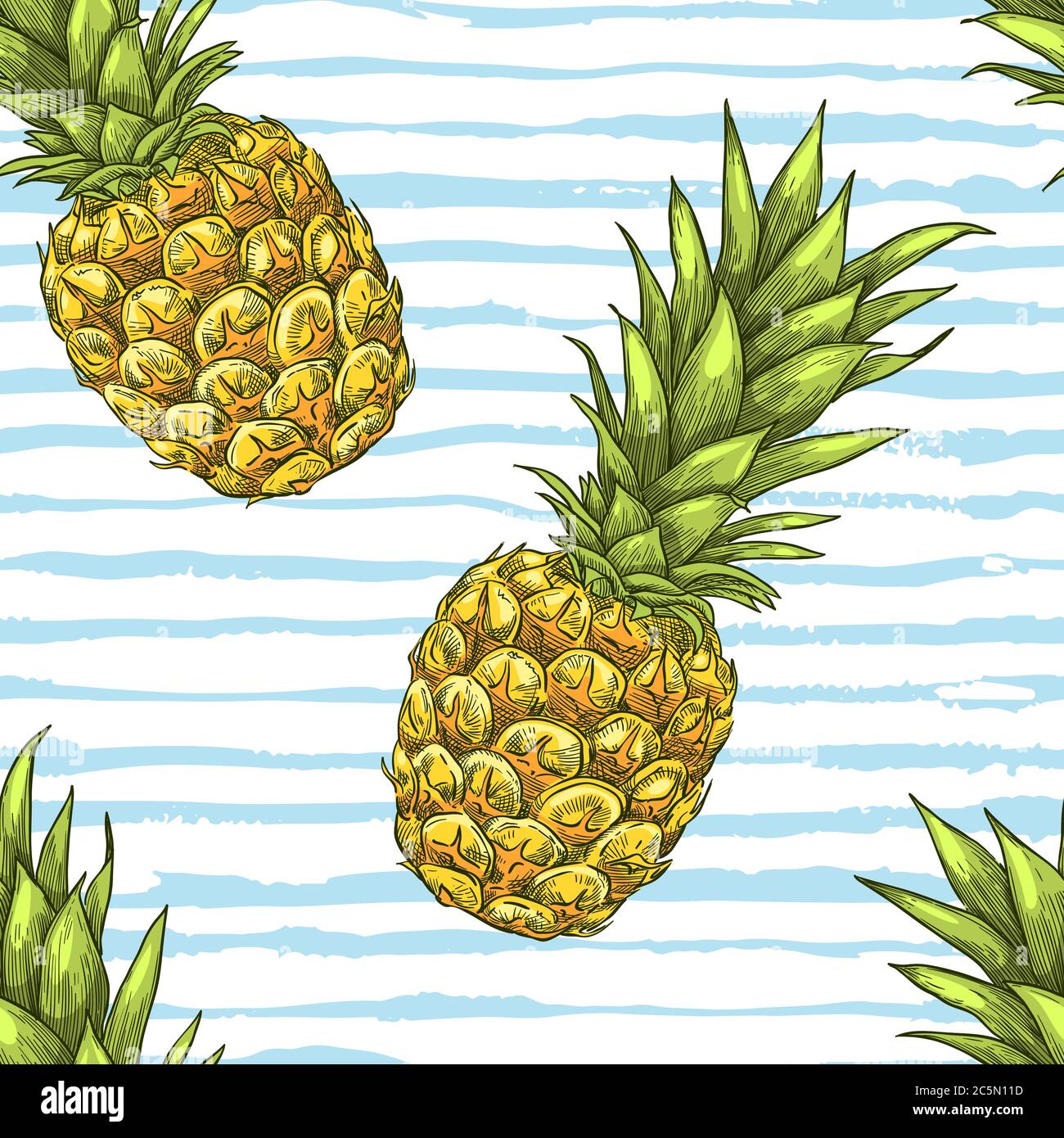 Motivo tropicale senza giunture. Esotico frutto di ananas su fondo blu strisce di colore bianco. Illustrazione dello schizzo disegnata a mano dal vettore. Design estivo per Illustrazione Vettoriale