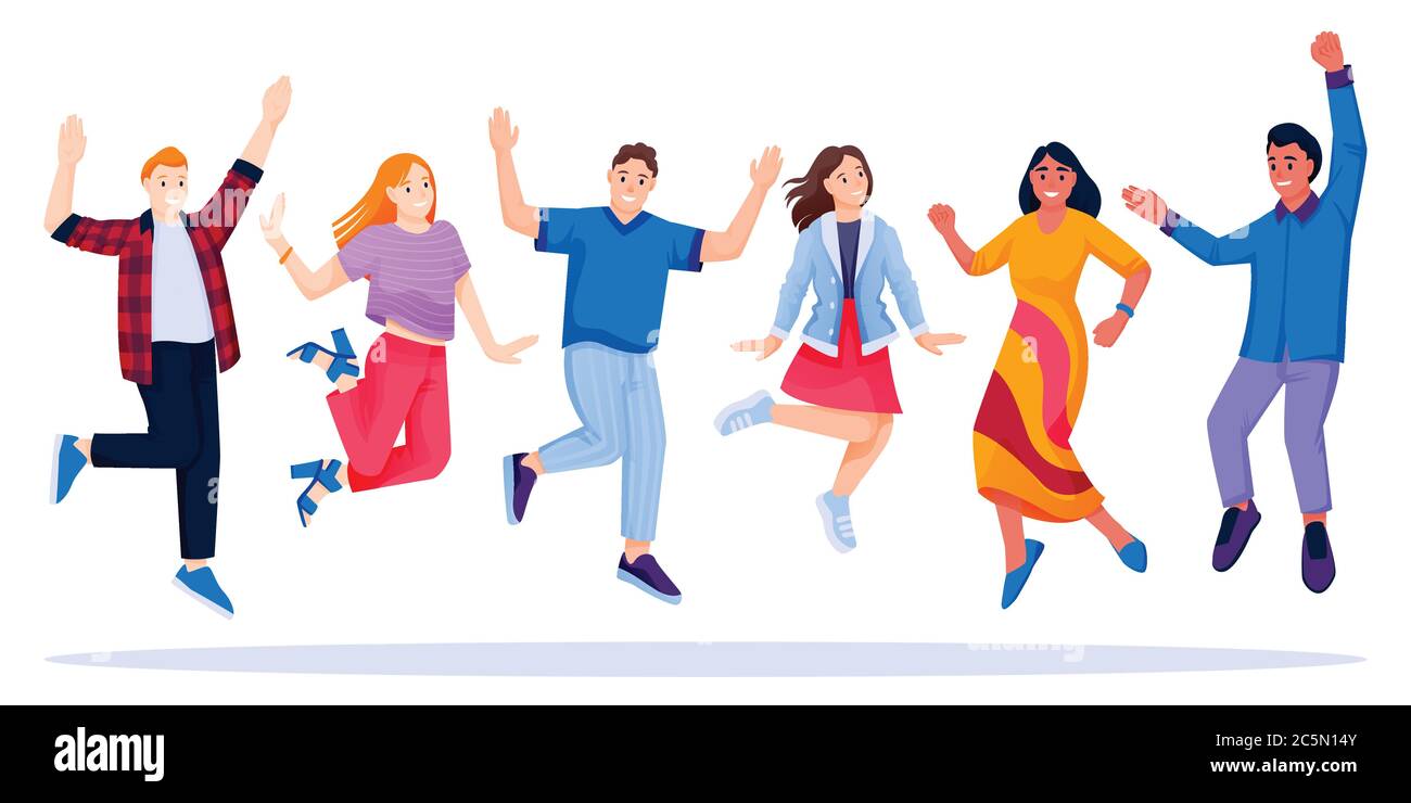 Jumping e balli multietnici Happy People team. Illustrazione dei personaggi degli amici di un fumetto piatto vettoriale. Giovani indiani e caucasici uomini e donne spensierati Illustrazione Vettoriale