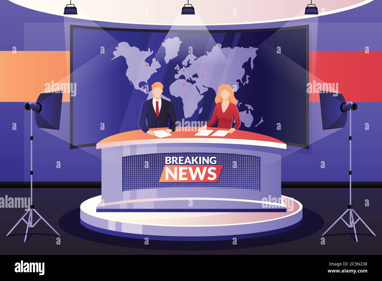 TV ultime notizie in trasmissione, illustrazione vettoriale. Le emittenti di media di uomo e donna parlano in studio televisivo. Personaggi professionisti degli ancoraggi. Illustrazione Vettoriale