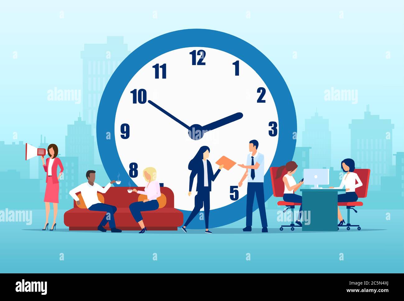 Concetto di gestione del tempo. Vettore di uomini d'affari che lavorano in squadra in ufficio aziendale su una cityskape e orologio sfondo Illustrazione Vettoriale