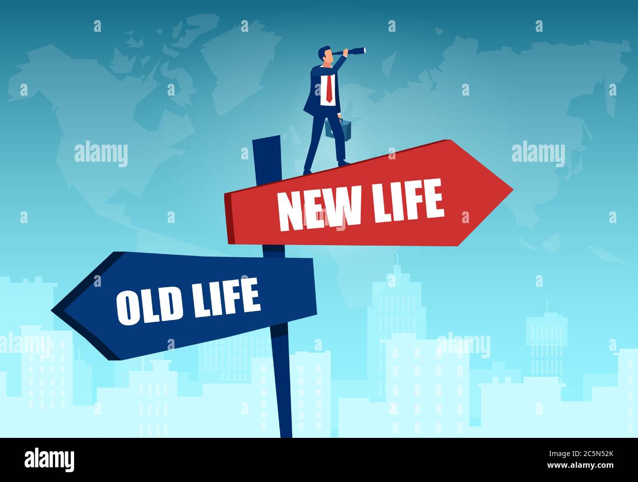 Vettore di un uomo d'affari in piedi a crocevia segni guardando alla nuova vita futura Illustrazione Vettoriale