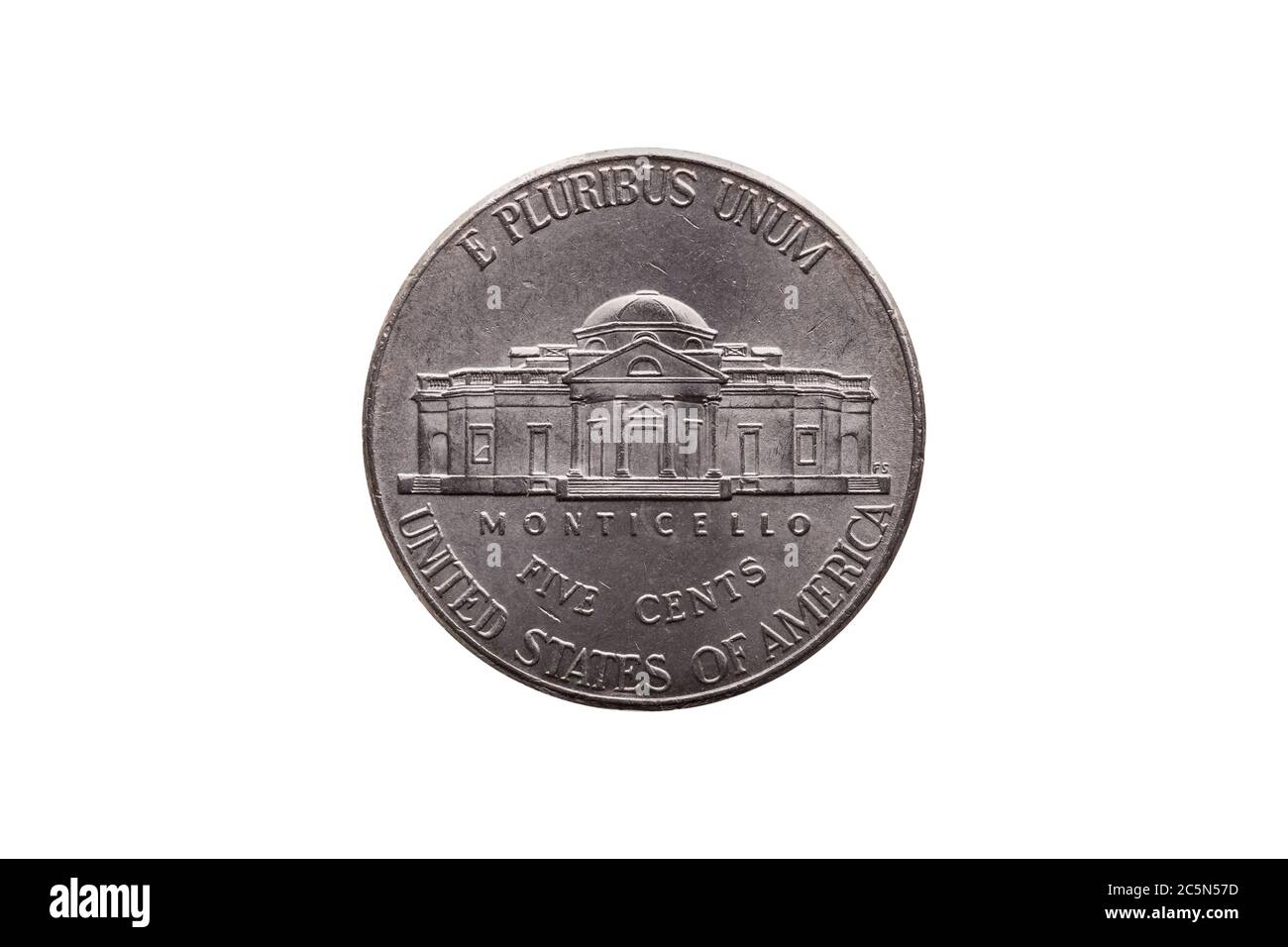 USA moneta di nickel half dime (25 cents) invertita con Monticello tagliato e isolato su sfondo bianco Foto Stock
