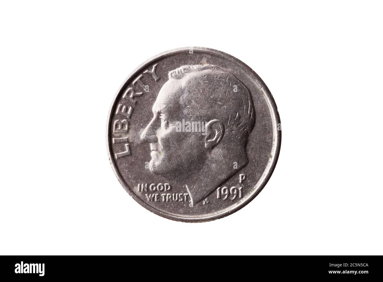 Moneta di nickel Dime USA (10 centesimi) con un ritratto di Franklin D  Roosevelt tagliato e isolato su uno sfondo bianco Foto stock - Alamy