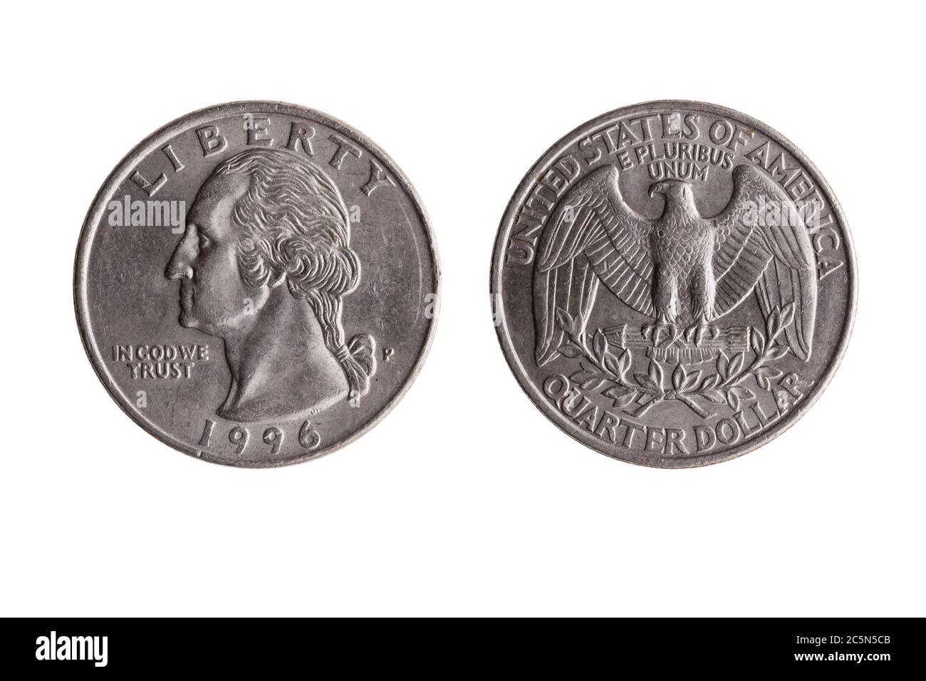 Moneta di nichel del dollaro del quarto degli Stati Uniti (25 centesimi) con un'immagine ritratto dell'ossatura di George Washington e dell'aquila baldana tagliata e isolata su una ba bianca Foto Stock