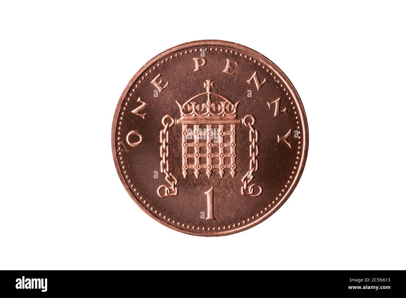 Nuova moneta da un pence dell'Inghilterra UK receverse portcullis tagliato e isolato su uno sfondo bianco Foto Stock