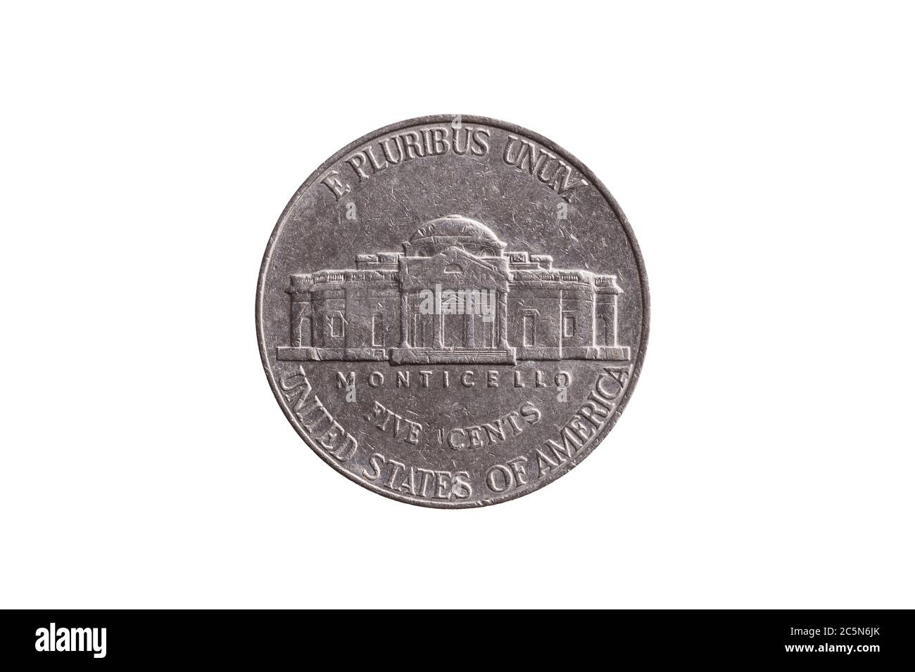 Moneta di nichel a metà moneta (25 centesimi) datata 1999 con Monticello tagliato e isolato su sfondo bianco Foto Stock