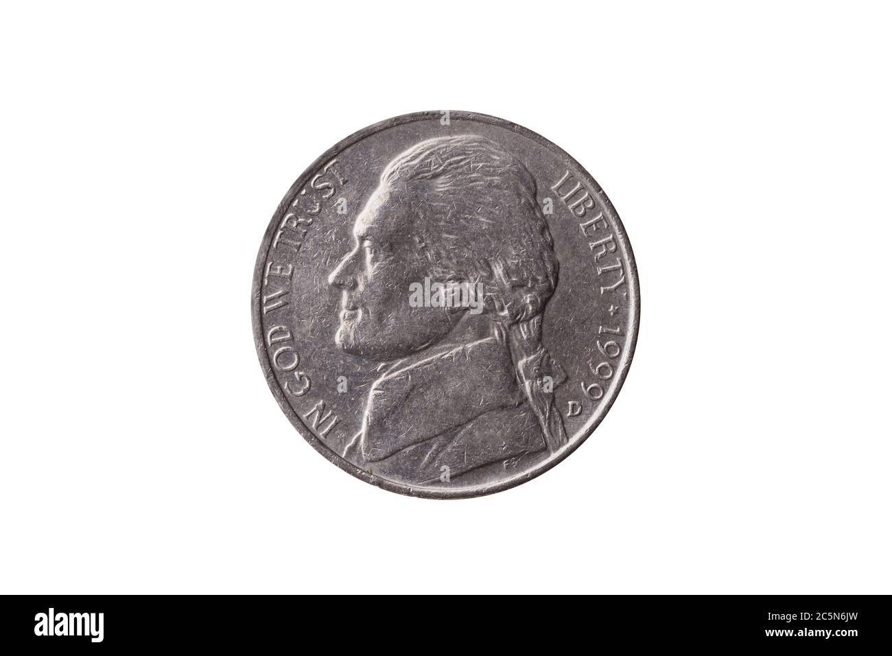 Moneta di nichel a metà moneta (25 centesimi) datata 1999 con un ritratto di Thomas Jefferson tagliato e isolato su uno sfondo bianco Foto Stock