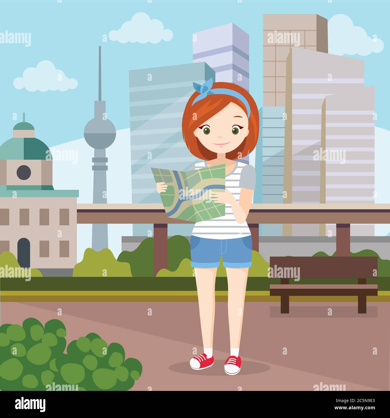 Ragazza in vacanza - giovane donna che tiene la mappa sulle vacanze in città, con uno sfondo skyline della città. Carino carattere vettoriale in stile piatto. Illustrazione Vettoriale