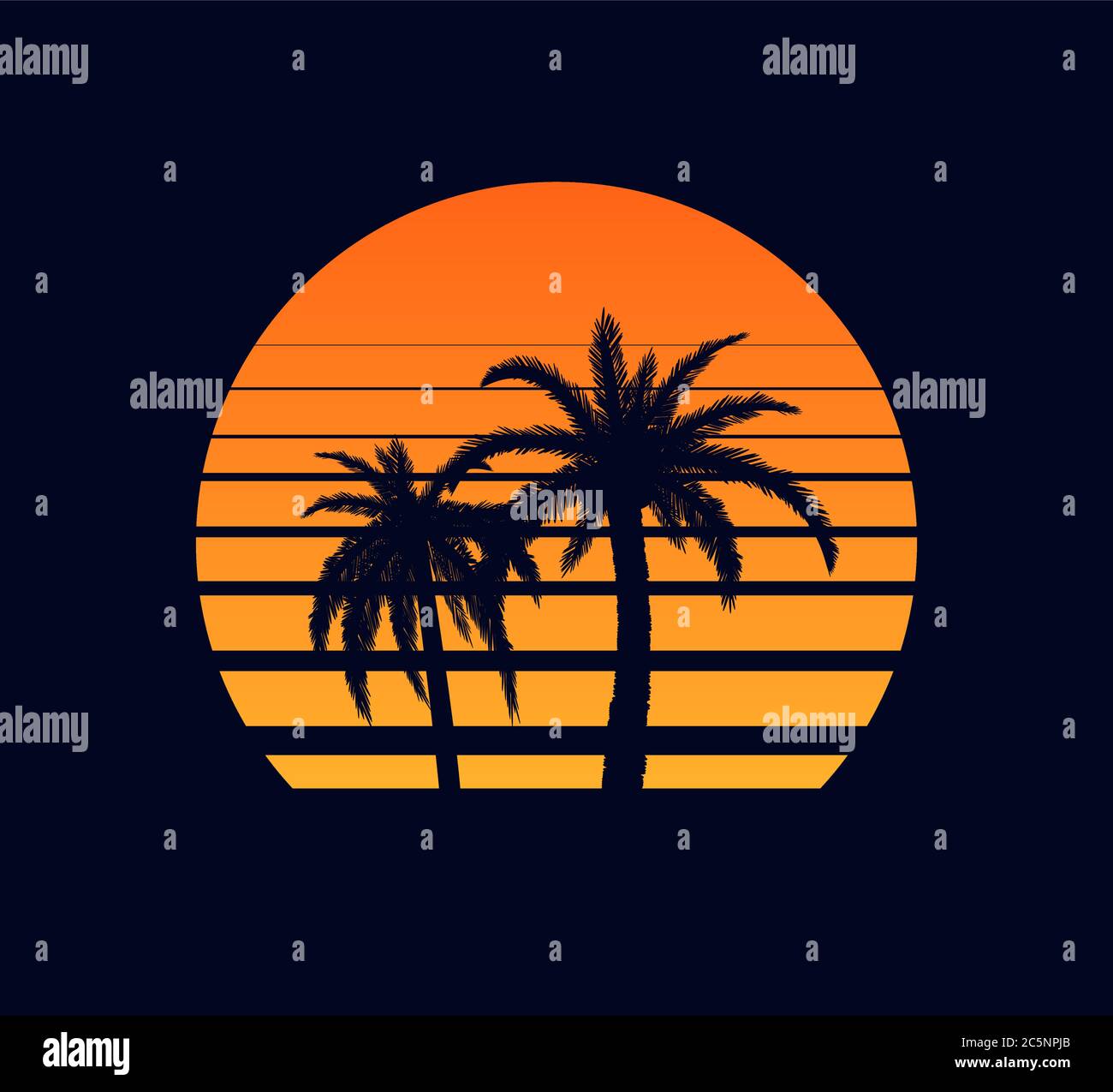 Retrò tramonto arancione. Sera raggi di sole che tramonta due palme sullo sfondo delle onde di sintesi. Illustrazione Vettoriale