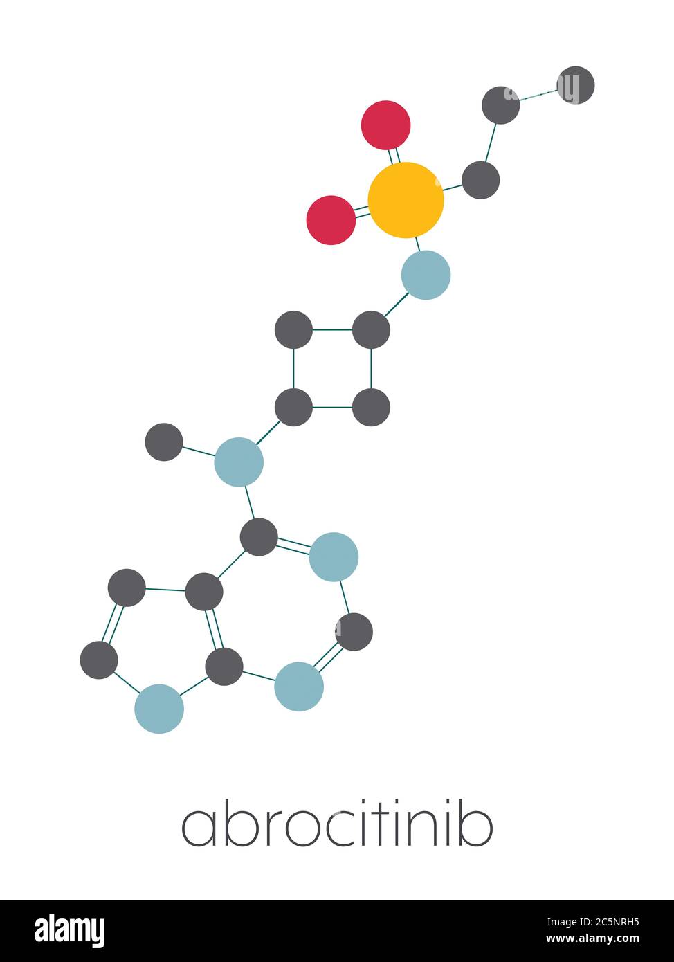 Molecola di farmaco per dermatite atopica di Abrocitinib (inibitore JAK1). Formula scheletrica stilizzata (struttura chimica): Gli atomi sono indicati come cerchi codificati per colore: Idrogeno (nascosto), carbonio (grigio), azoto (blu), ossigeno (rosso), zolfo (giallo). Foto Stock