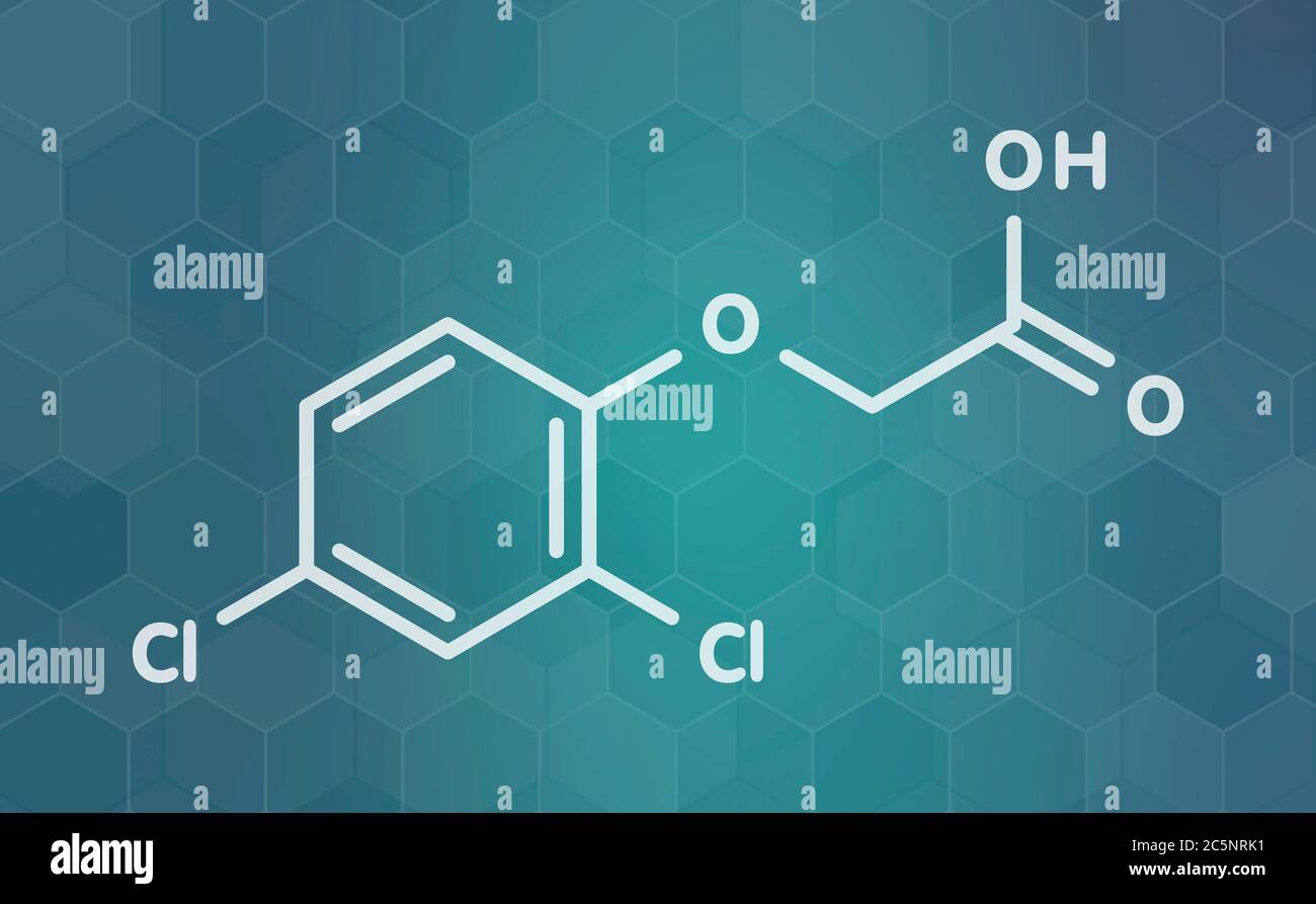 2,4-D (acido 2,4-diclorofenossiacetico) Agente ingrediente arancione. Ormone vegetale sintetico auxin, utilizzato come pesticida ed erbicida e ingrediente di Orange Agente. Formula scheletrica. Foto Stock