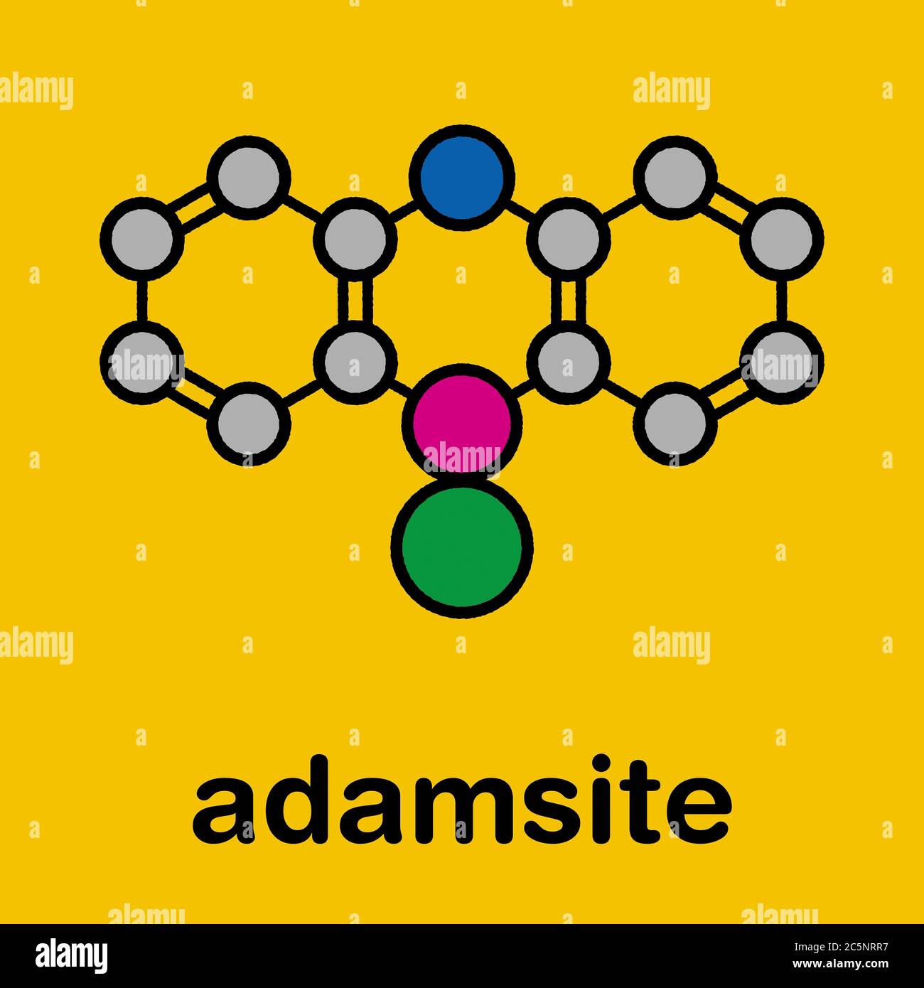 Agente di controllo Adamsite o DM Riot. Formula scheletrica stilizzata (struttura chimica): Gli atomi sono indicati come cerchi codificati a colori: Idrogeno (nascosto), carbonio (grigio), azoto (blu), cloro (verde), arsenico (magenta). Foto Stock