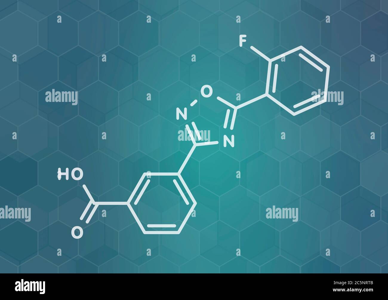 Ataluren farmaco di disturbo genetico. Utilizzato nel trattamento della fibrosi cistica e della distrofia muscolare di Duchenne. Pensato per lavorare facendo ribosomi saltare i codoni di stop. Formula scheletrica. Foto Stock Ataluren farmaco di disturbo genetico. Utilizzato nel trattamento della fibrosi cistica e della distrofia muscolare di Duchenne. Pensato per lavorare facendo ribosomi saltare i codoni di stop. Formula scheletrica. Foto Stock