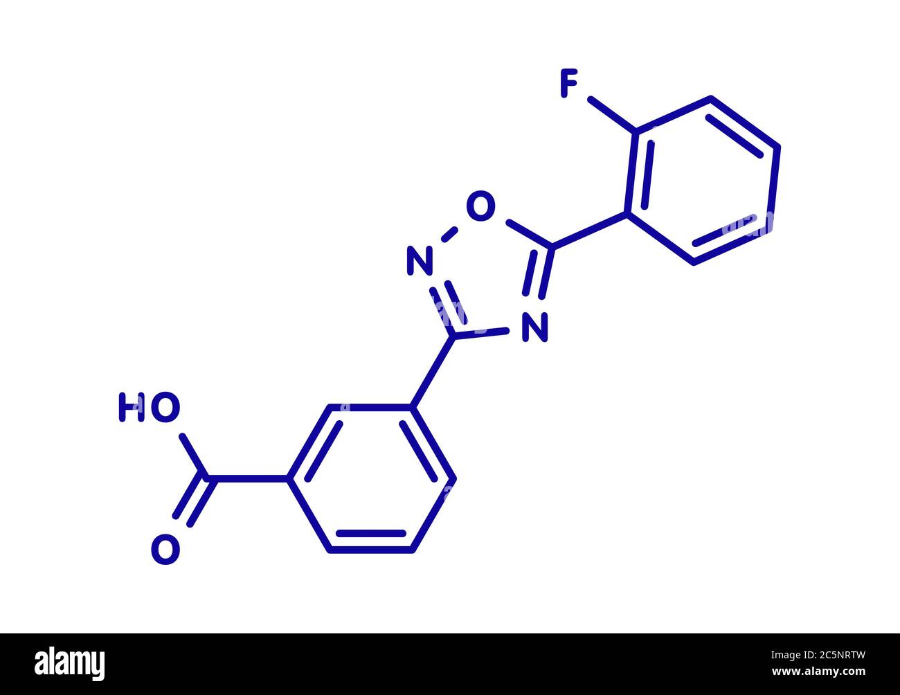 Ataluren farmaco di disturbo genetico. Utilizzato nel trattamento della fibrosi cistica e della distrofia muscolare di Duchenne. Pensato per lavorare facendo ribosomi saltare i codoni di stop. Formula scheletrica. Foto Stock Ataluren farmaco di disturbo genetico. Utilizzato nel trattamento della fibrosi cistica e della distrofia muscolare di Duchenne. Pensato per lavorare facendo ribosomi saltare i codoni di stop. Formula scheletrica. Foto Stock