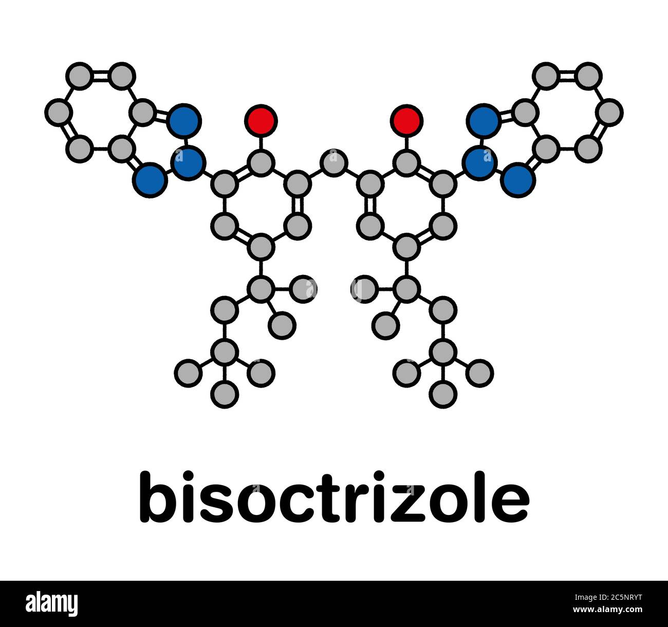 Molecola di protezione solare di Bisoctrizolo. Formula scheletrica stilizzata (struttura chimica): Gli atomi sono indicati come cerchi codificati per colore: Idrogeno (nascosto), carbonio (grigio), ossigeno (rosso), azoto (blu). Foto Stock