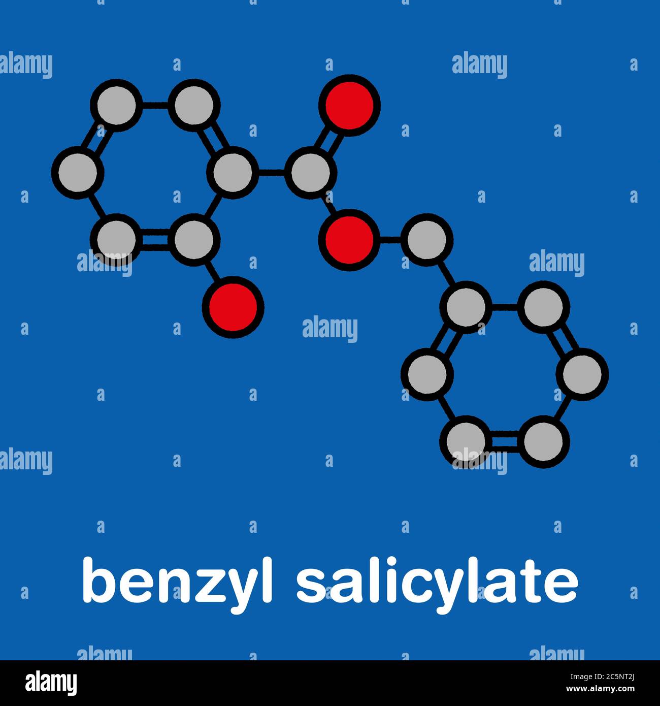 Molecola di benzil salicilato (benzil 4-idrossibenzoato). Utilizzato in cosmetici e profumi. Formula scheletrica stilizzata (struttura chimica): Gli atomi sono indicati come cerchi codificati a colori: Idrogeno (nascosto), carbonio (grigio), ossigeno (rosso). Foto Stock