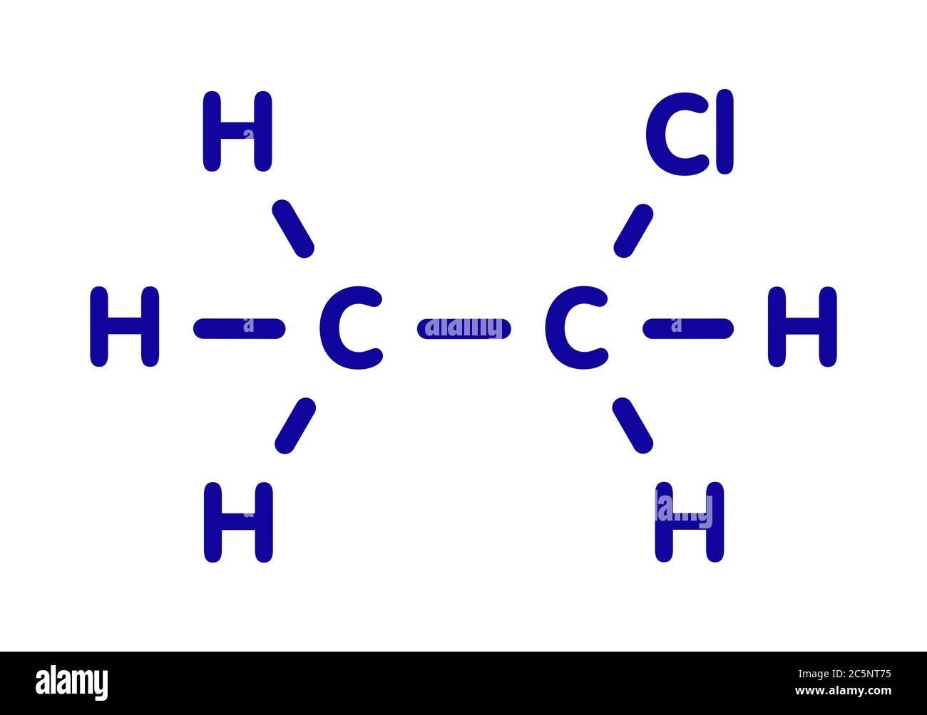 Molecola anestetica locale di cloroetano (cloruro di etile). Formula scheletrica. Foto Stock