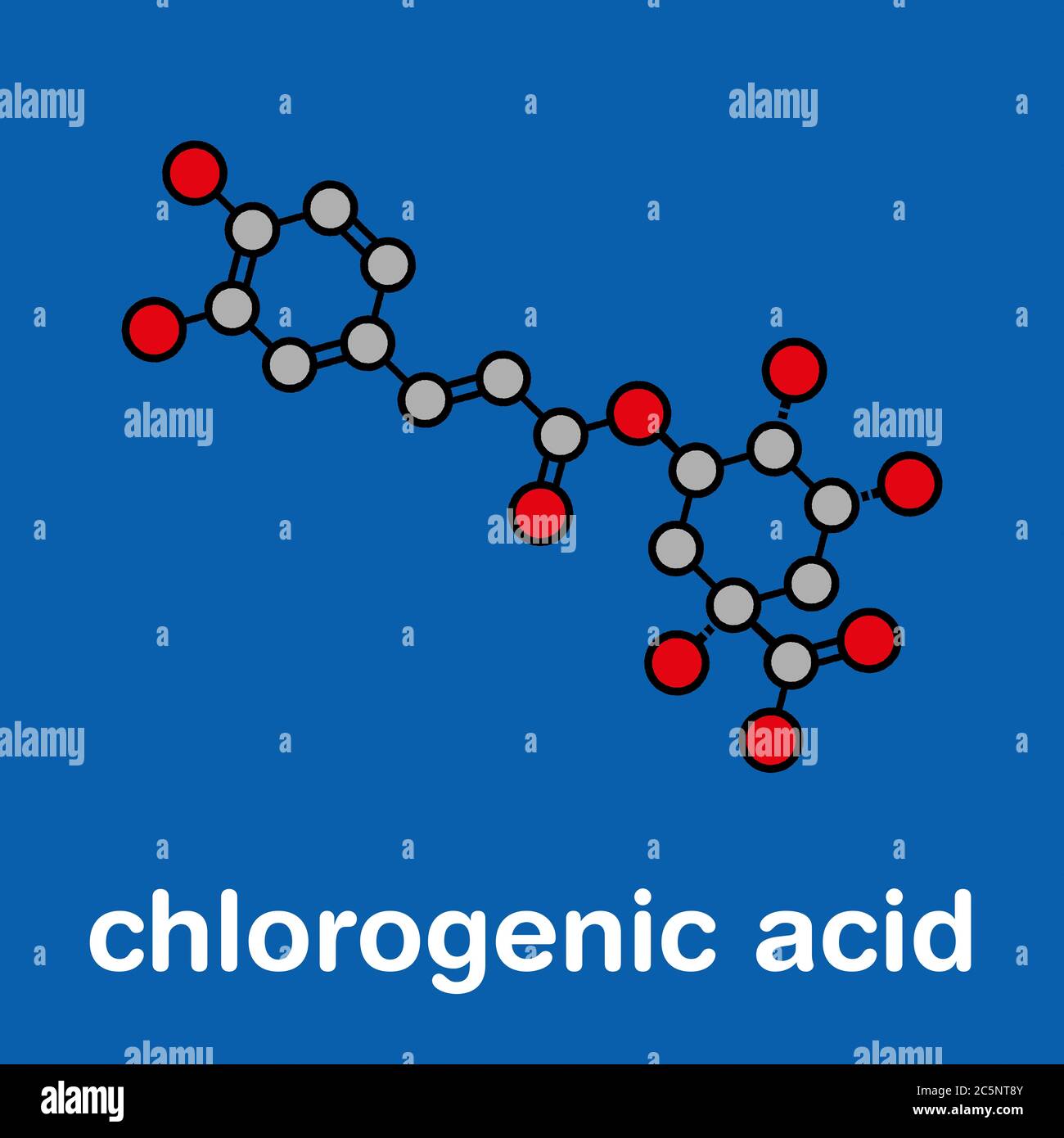 Molecola di erbe acido clorogenico. Formula scheletrica stilizzata (struttura chimica): Gli atomi sono indicati come cerchi codificati a colori: Idrogeno (nascosto), carbonio (grigio), ossigeno (rosso). Foto Stock