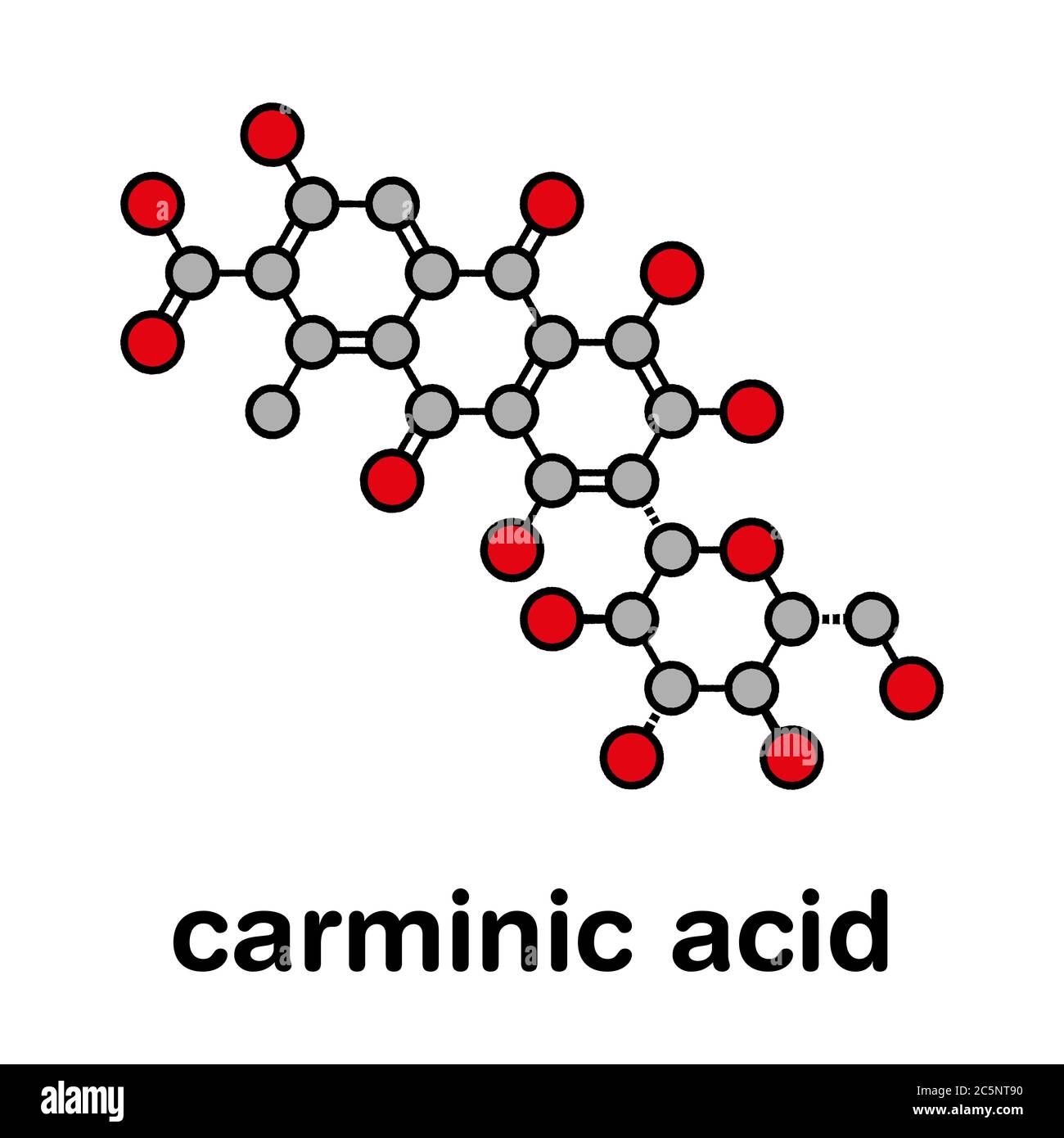 Molecola di pigmento di acido carminico. Si verifica naturalmente in cocciniglia (insetto di scala). Formula scheletrica stilizzata (struttura chimica): Gli atomi sono indicati come cerchi codificati a colori: Idrogeno (nascosto), carbonio (grigio), ossigeno (rosso). Foto Stock