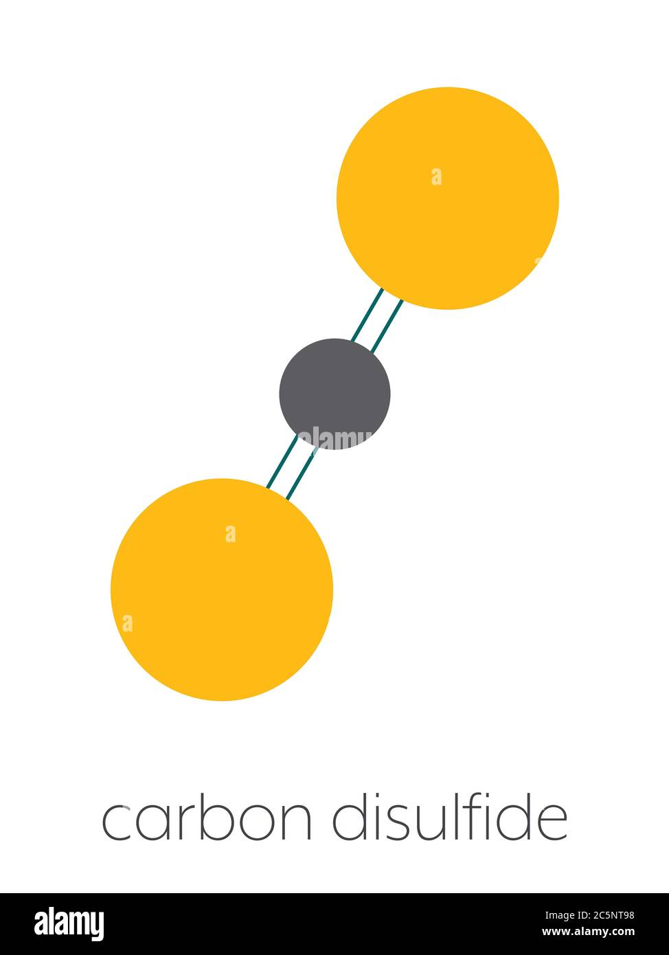 Molecola di disolfuro di carbonio (CS2). Liquido usato per fumigazione e come insetticida. Formula scheletrica stilizzata (struttura chimica): Gli atomi sono indicati come cerchi codificati per colore: Zolfo (giallo), carbonio (grigio). Foto Stock