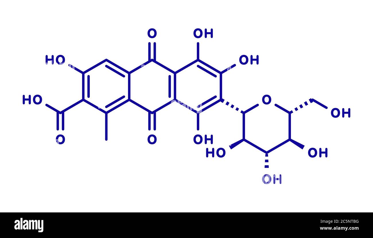 Molecola di pigmento di acido carminico. Si verifica naturalmente in cocciniglia (insetto di scala). Formula scheletrica. Foto Stock