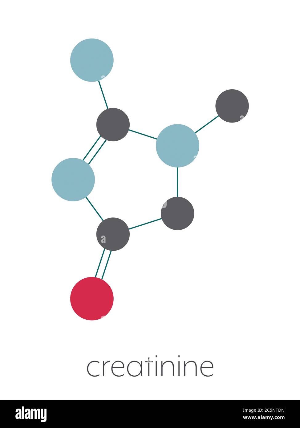 Molecola di creatinina. Prodotto di degradazione della creatina. La  clearance della creatinina viene utilizzata per misurare la funzione  renale. Formula scheletrica stilizzata (struttura chimica): Gli atomi sono  indicati come cerchi codificati per