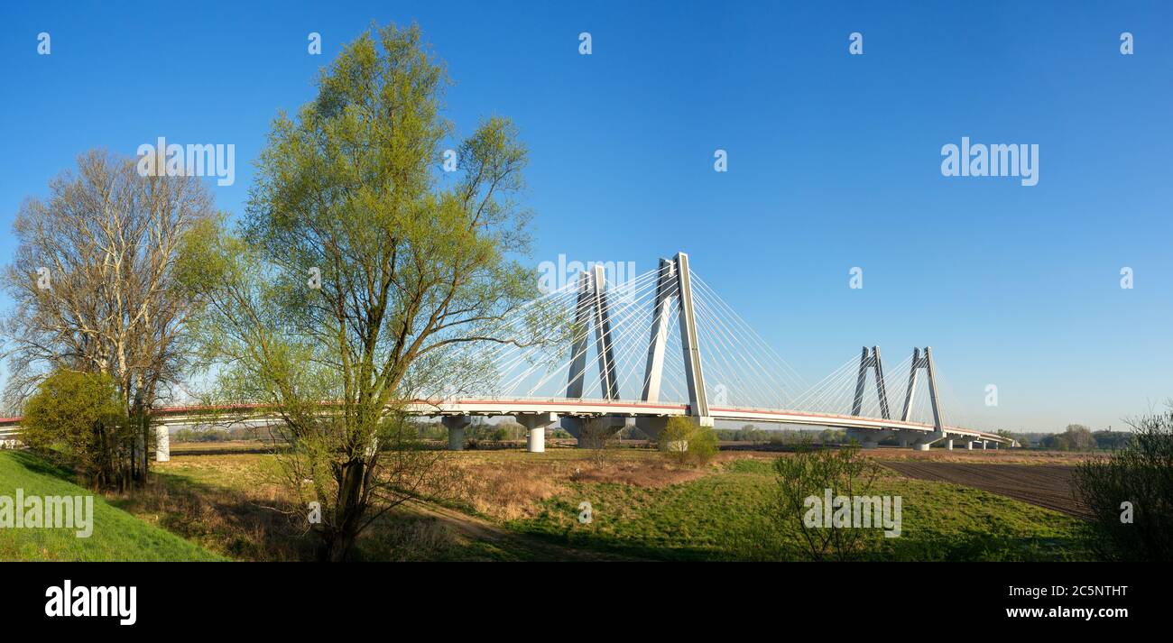 Moderno ponte doppio con stallino sul fiume Vistola a Cracovia, Polonia. Ampio panorama in luce del sole con alberi Foto Stock