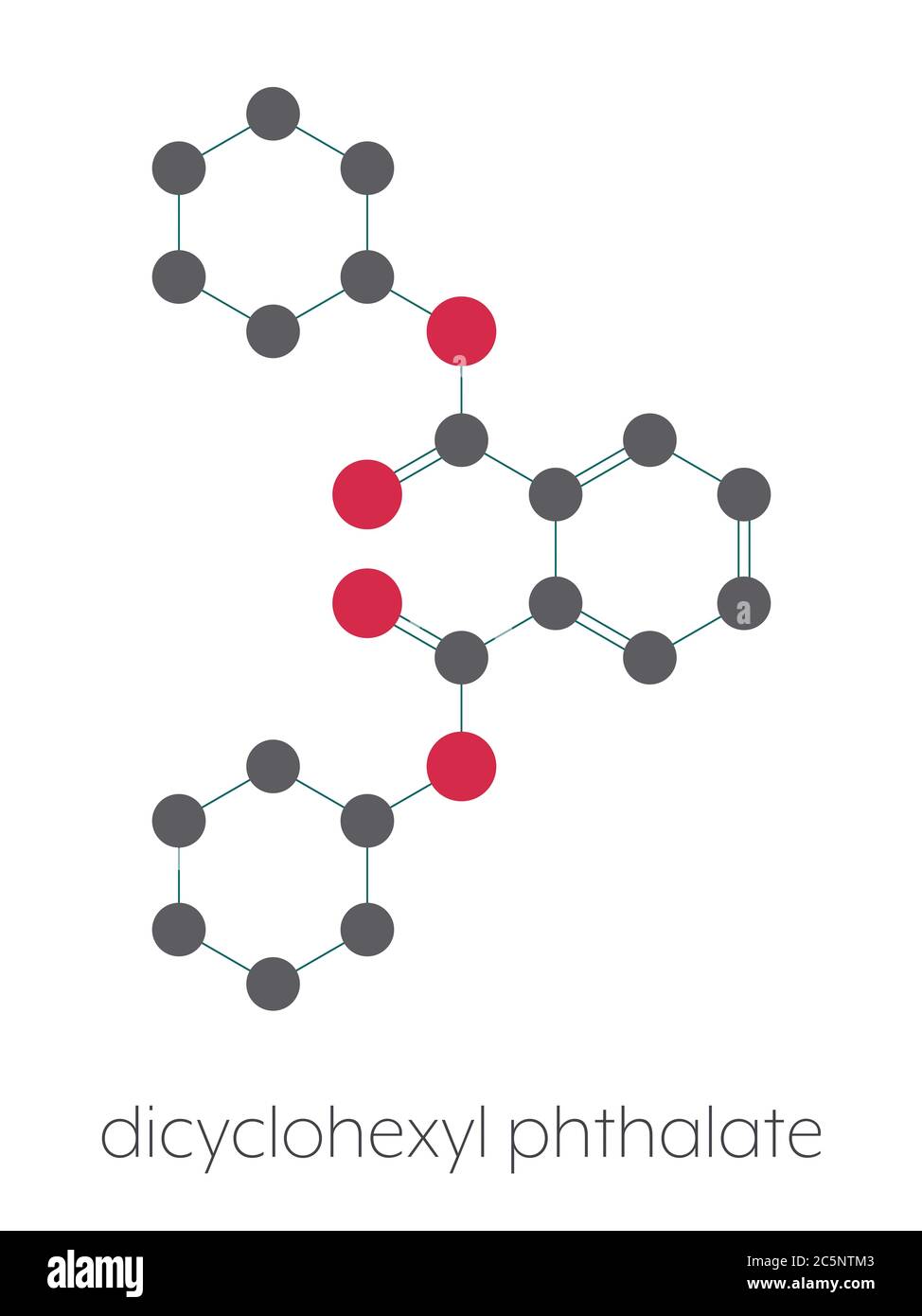 Molecola plastificante dicicloesilftalato (DCP). Formula scheletrica stilizzata (struttura chimica): Gli atomi sono indicati come cerchi codificati a colori: Idrogeno (nascosto), carbonio (grigio), ossigeno (rosso). Foto Stock