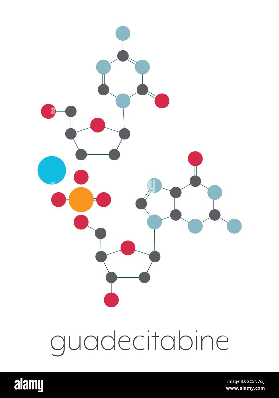 Molecola di farmaco per il cancro della guadecitabina (inibitore della metiltransferasi del DNA). Formula scheletrica stilizzata (struttura chimica): Gli atomi sono indicati come cerchi codificati per colore: Idrogeno (bianco), carbonio (grigio), azoto (blu), ossigeno (rosso), fosforo (arancione). Foto Stock