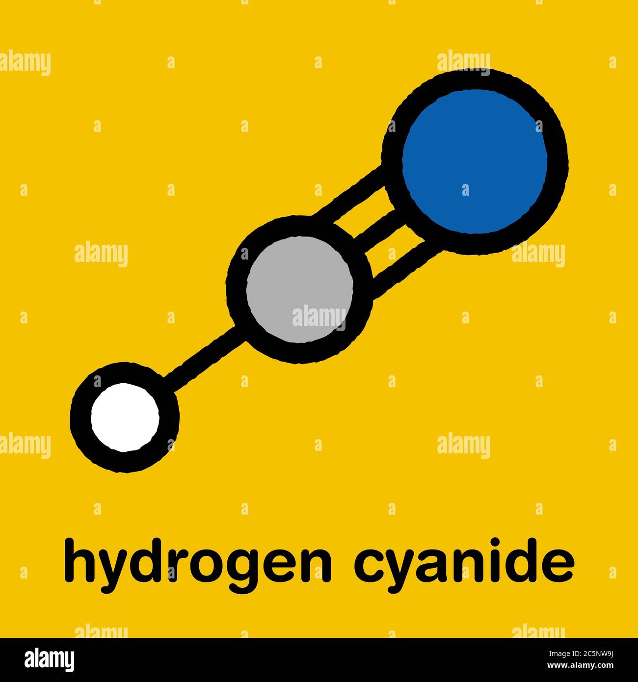 Molecola di veleno di cianuro di idrogeno (HCN). Ha un tipico odore simile  a quello di mandorla. Formula scheletrica stilizzata (struttura chimica):  Gli atomi sono indicati come cerchi codificati per colore: Idrogeno (