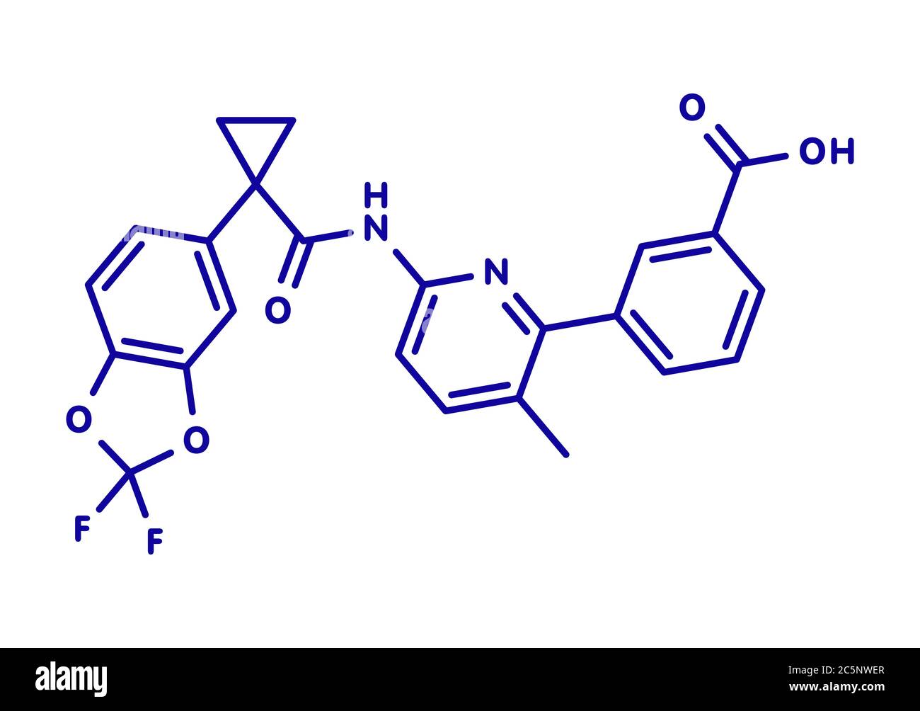 Lumacaftor fibrosi cistica molecola di farmaco. Formula di scheletro. Foto Stock