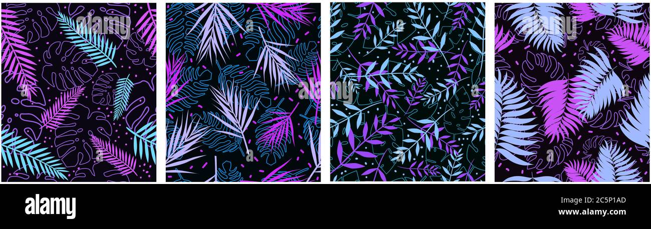 Set senza cuciture futuristico con motivo Fern. Violetto blu tropicale foglie swirl in idromassaggio di vento. Illustrazione Vettoriale