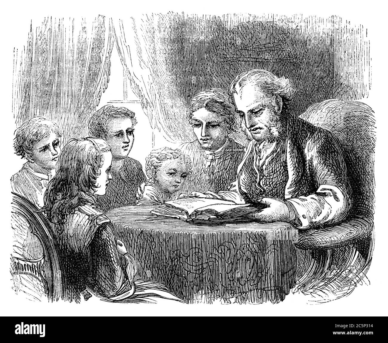 Un'immagine illustrativa incisa di un padre e di una madre che legge un libro o una Bibbia per insegnare ai loro figli come leggere da un libro vittoriano datato 1870 ° Foto Stock