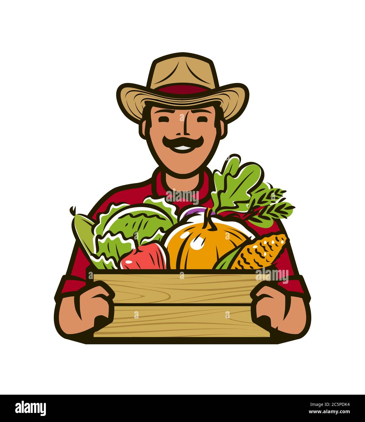 Coltivatore con scatola di verdure fresche. Agricoltura, illustrazione vettoriale azienda agricola Illustrazione Vettoriale
