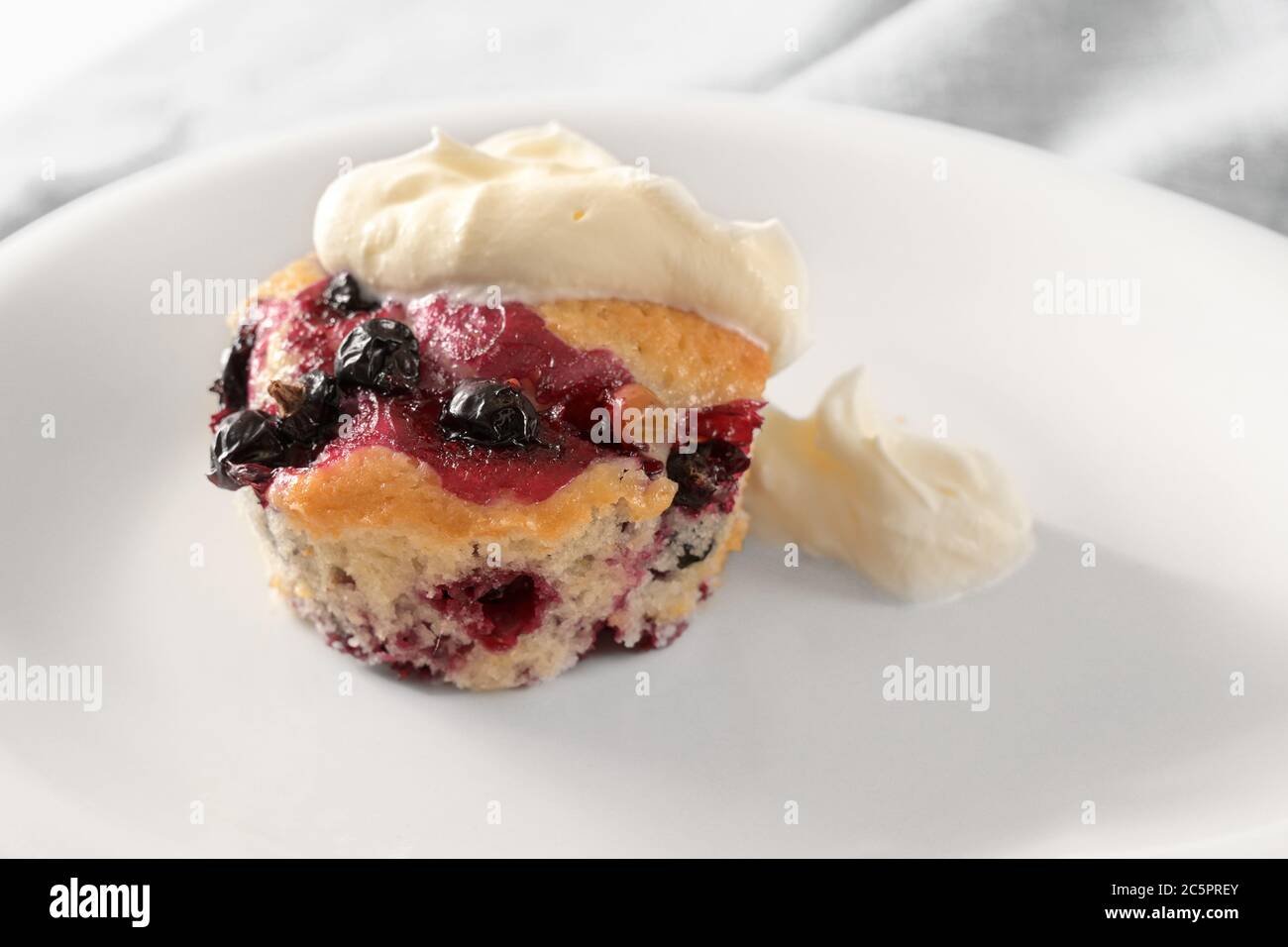 Muffin fatti in casa con ribes nero e panna montata su un piatto bianco, dolce fruttato, spazio copia, fuoco selezionato profondità di campo stretta Foto Stock