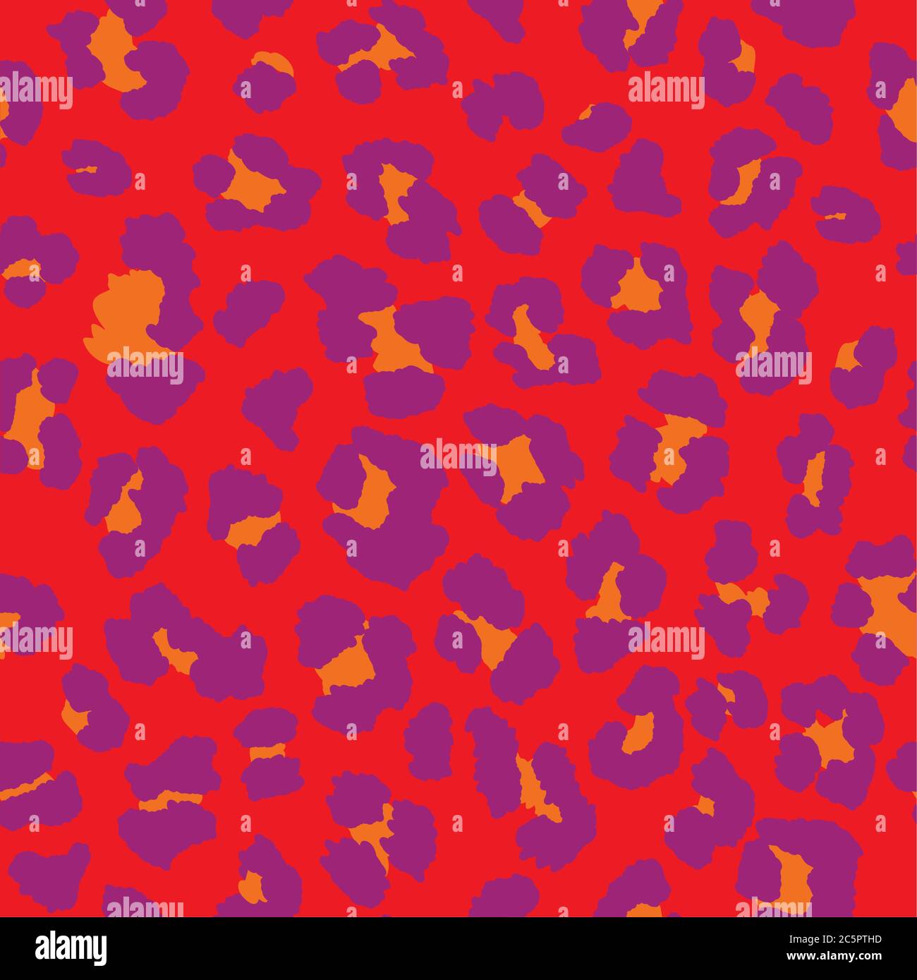 Puntini leopardo rossi, viola e arancioni con pattern ripetitivo senza giunture. Illustrazione Vettoriale