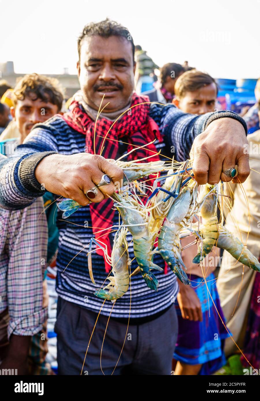 Chittagong, Bangladesh, 23 dicembre 2017: Il pescatore espone gamberi al mercato del pesce vicino al fiume Karnafuli a Chittagong Foto Stock