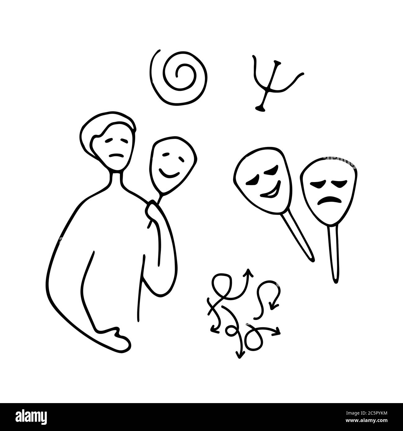 Insieme di icone di psicologia. Grafica a doodle disegnata a mano Illustrazione Vettoriale