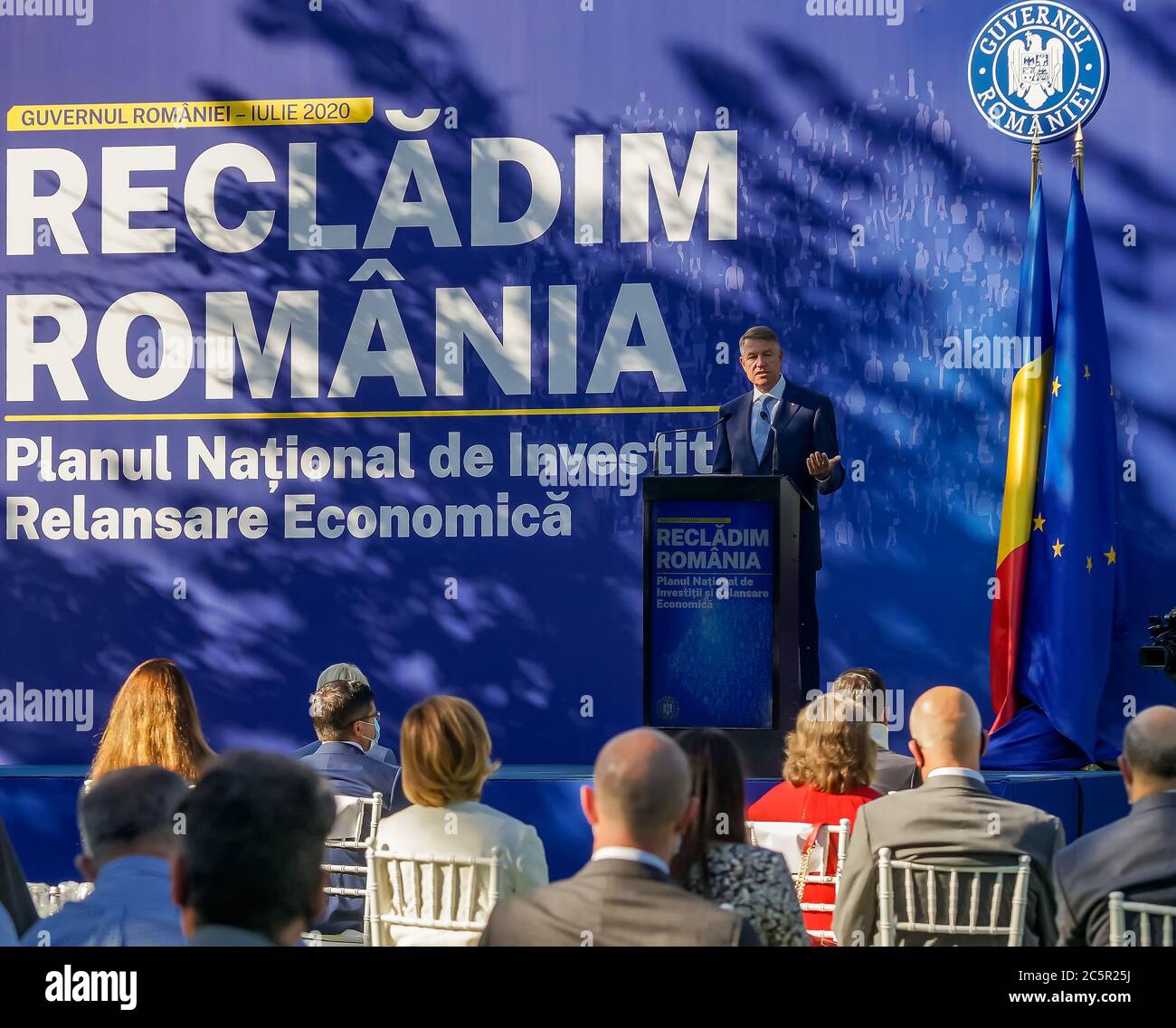 Bucarest, Romania - 01 luglio 2020: Klaus Iohannis, il presidente della Romania, parla alla ricostruzione della Romania - National Investment and Economic Rea Foto Stock