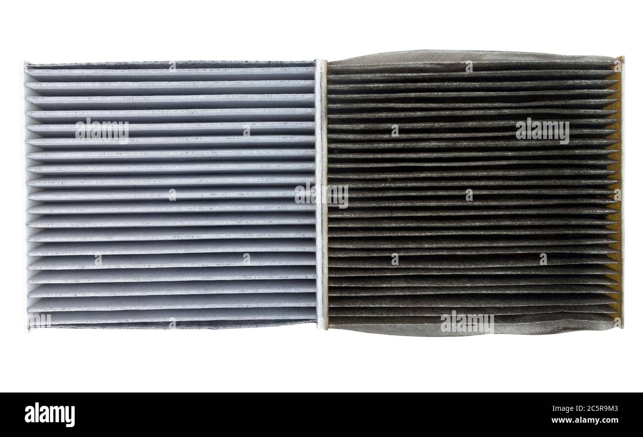 Cabina e filtri aria a contrasto: Nuovi e puliti rispetto a vecchi e sporchi. Foto Stock