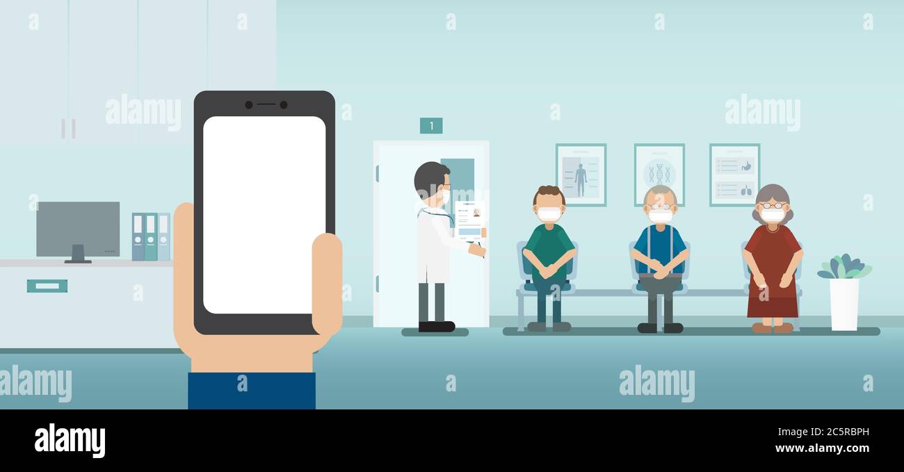 Servizio medico con schermo vuoto telefono cellulare e medico con pazienti in attesa di illustrazione vettoriale Illustrazione Vettoriale