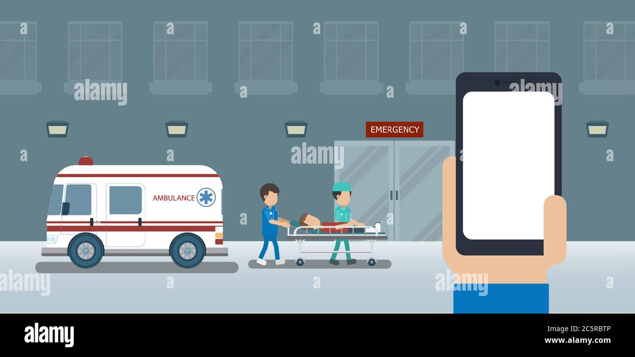 Concetto di servizio di emergenza con schermo vuoto telefono cellulare e medico con paziente ferito in letto piano disegno vettoriale Illustrazione Vettoriale