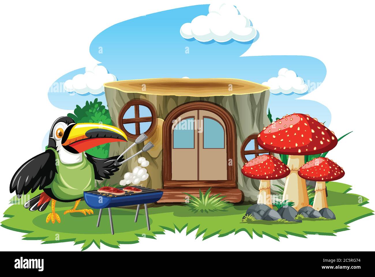 Casa di ceppo con carino uccello cartone animato stile su sfondo bianco illustrazione Illustrazione Vettoriale