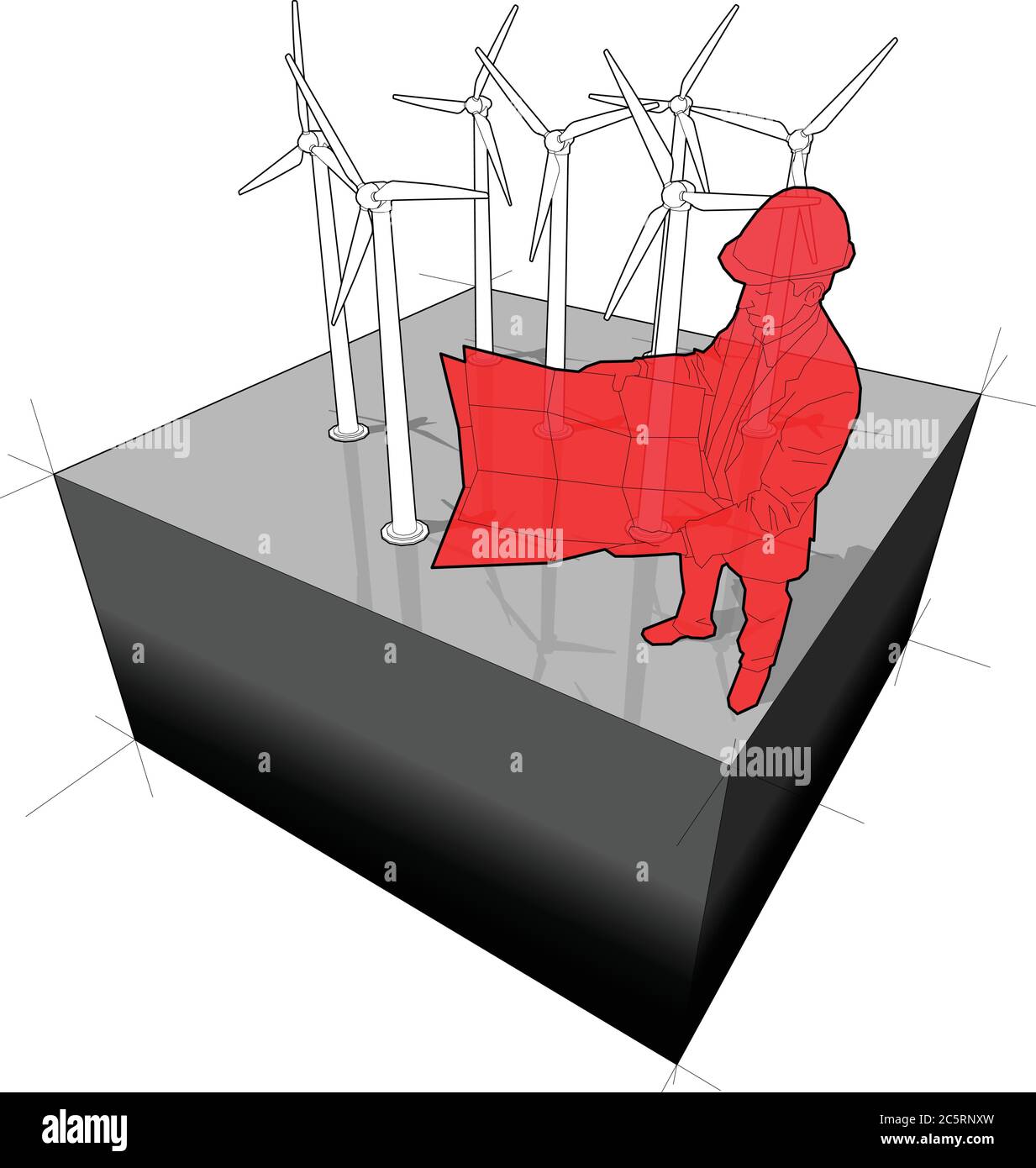 Diagramma di un'azienda agricola con turbina eolica con un piano di progettazione di architetto o ingegnere Illustrazione Vettoriale